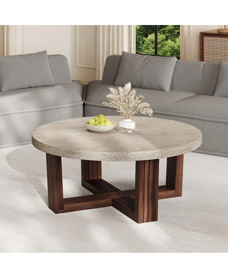Streamdale Furniture Round Coffee Table Marble Pattern Top, Cross Base, Modern Center Table
