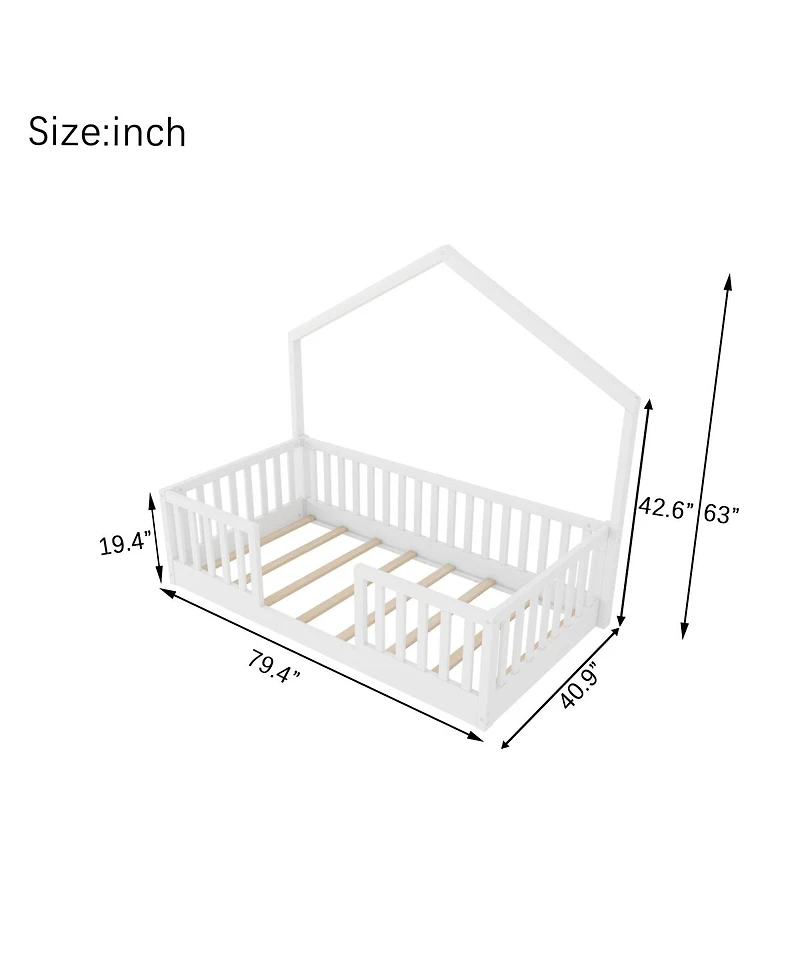 Streamdale Furniture Wooden Montessori Floor Bed with High Rails and Light