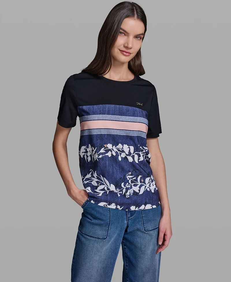 Karl Lagerfeld Paris Women's Short-Sleeve Mix-Media Printed Knit Top