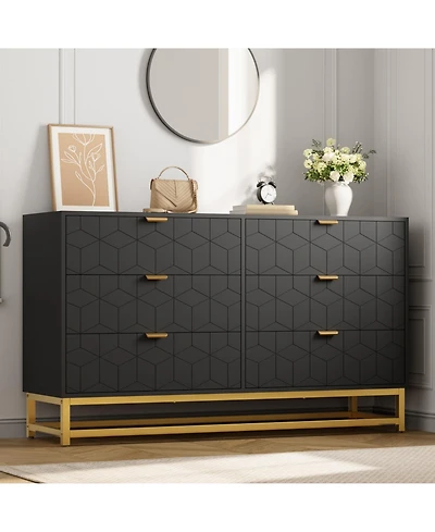 homfan 6-Drawer 53.5" Wide Dresser with Handles and Legs, Modern Chest for Bedroom Hallway Living Room