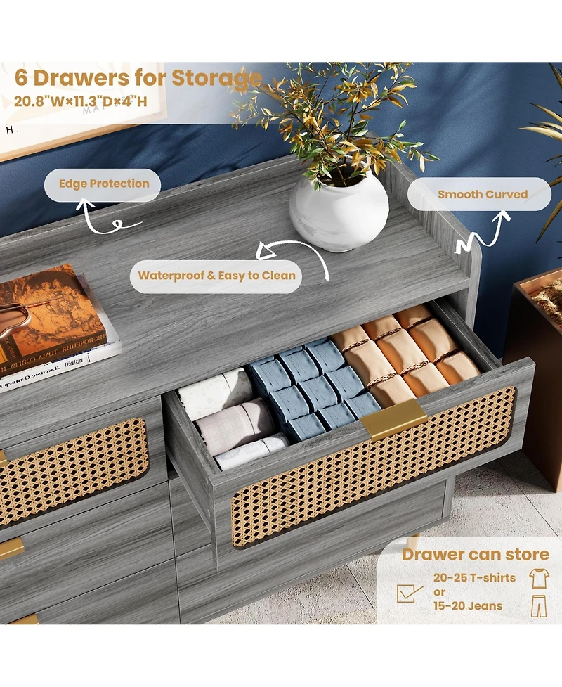 homfan 47" Wide Modern Chest of Drawers, 6 Drawer Double Dresser for Bedroom,Wooden Storage Rattan Dresser for Bedroom Living Room Hallway