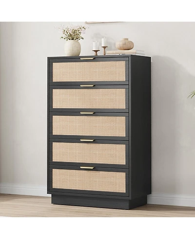 homfan 5-Drawer Tall Rattan Dresser with Integrated Legs, 47" Boho Chest for Bedroom Hallway Entryway Closet