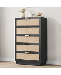 homfan 5-Drawer Tall Rattan Dresser with Integrated Legs, 47" Boho Chest for Bedroom Hallway Entryway Closet