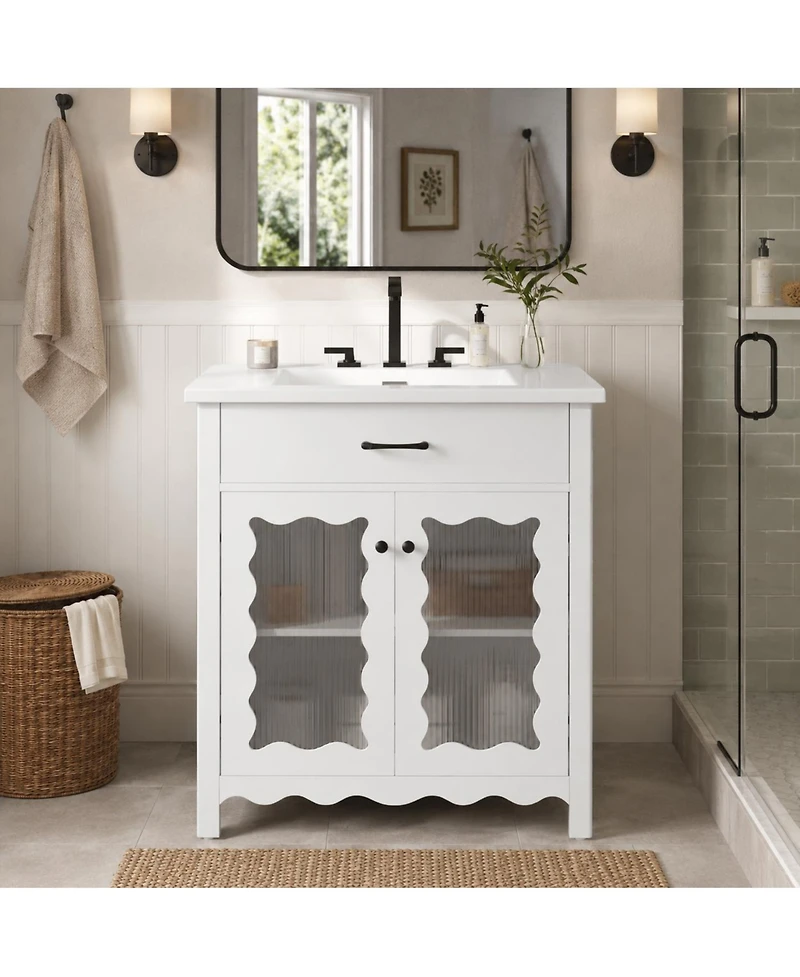 Phying 30 Inch Small Bathroom Friendly Vanity Modern Tempered Glass Cabinet with Rubber Wood Legs and Soft Close Storage Doors