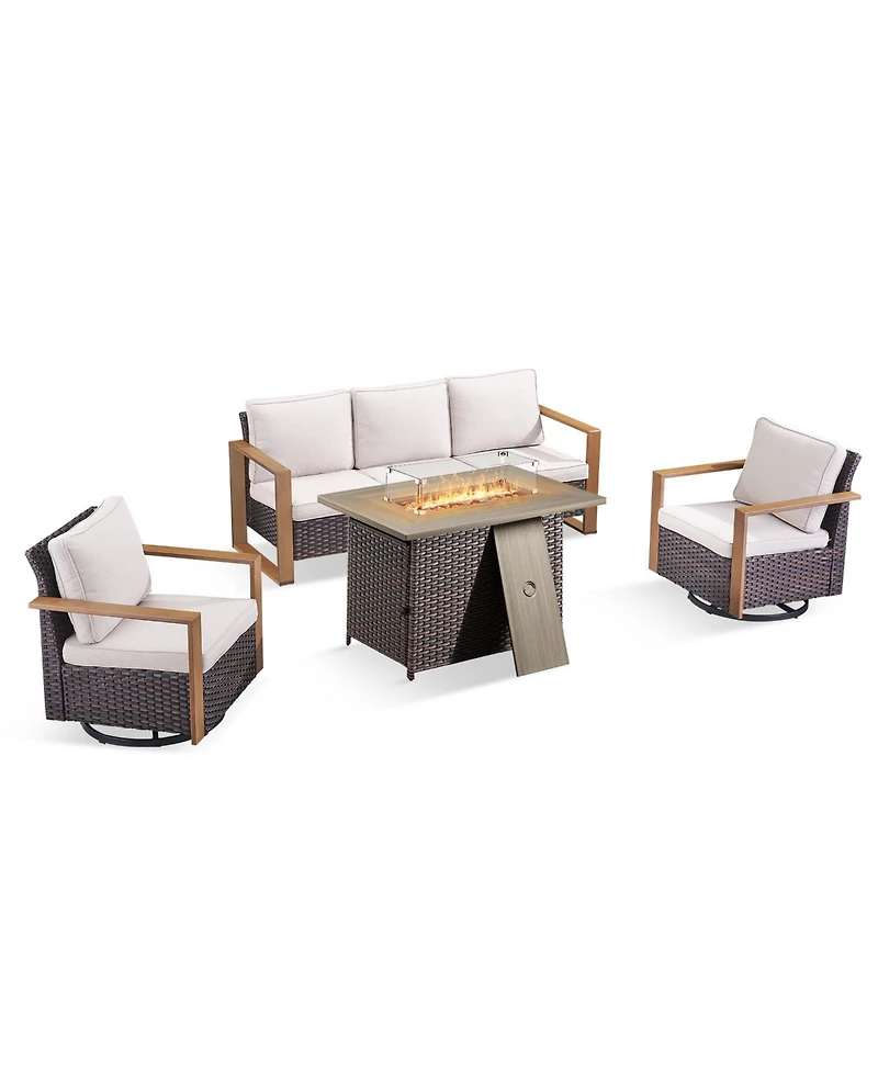 Pocassy 4 Pieces Patio Furniture Set with Propane Fire Pit Table, Deep Seating Wicker Sofa Couch Swivel Glider Chairs Conversation