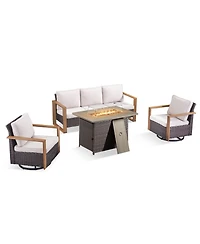 Pocassy 4 Pieces Patio Furniture Set with Propane Fire Pit Table, Deep Seating Wicker Sofa Couch Swivel Glider Chairs Conversation