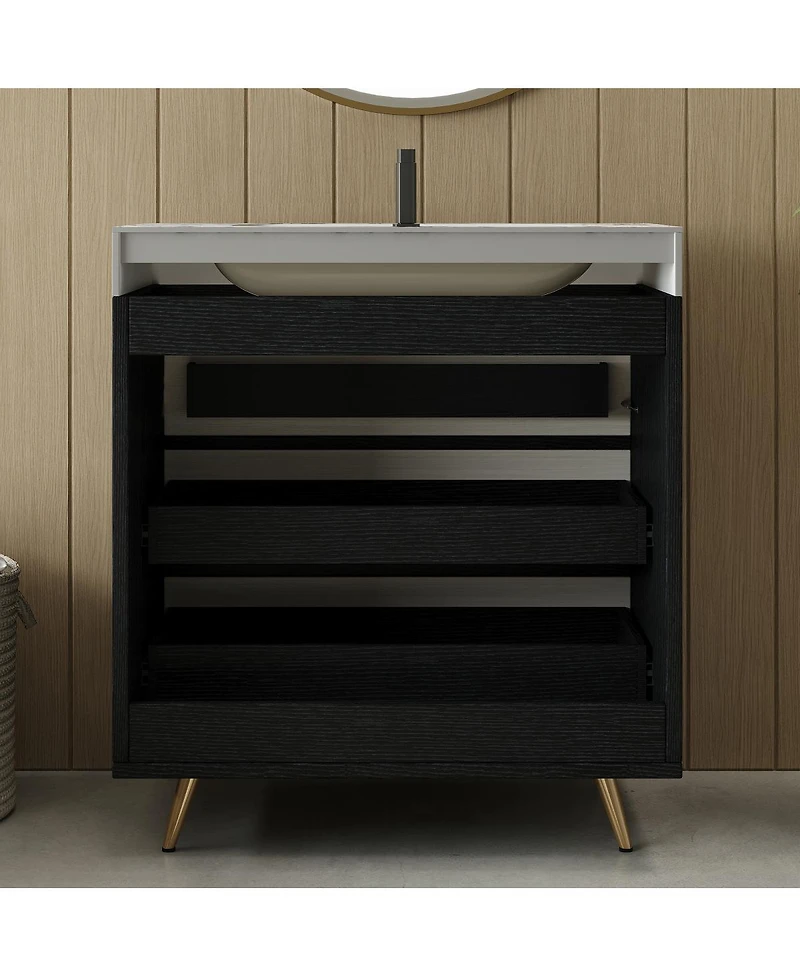 Sillysis Freestanding Bathroom Vanity with Sintered Stone Top, Ceramic Sink, Soft-Close Drawers, Modern Storage Cabinet-Sillysis