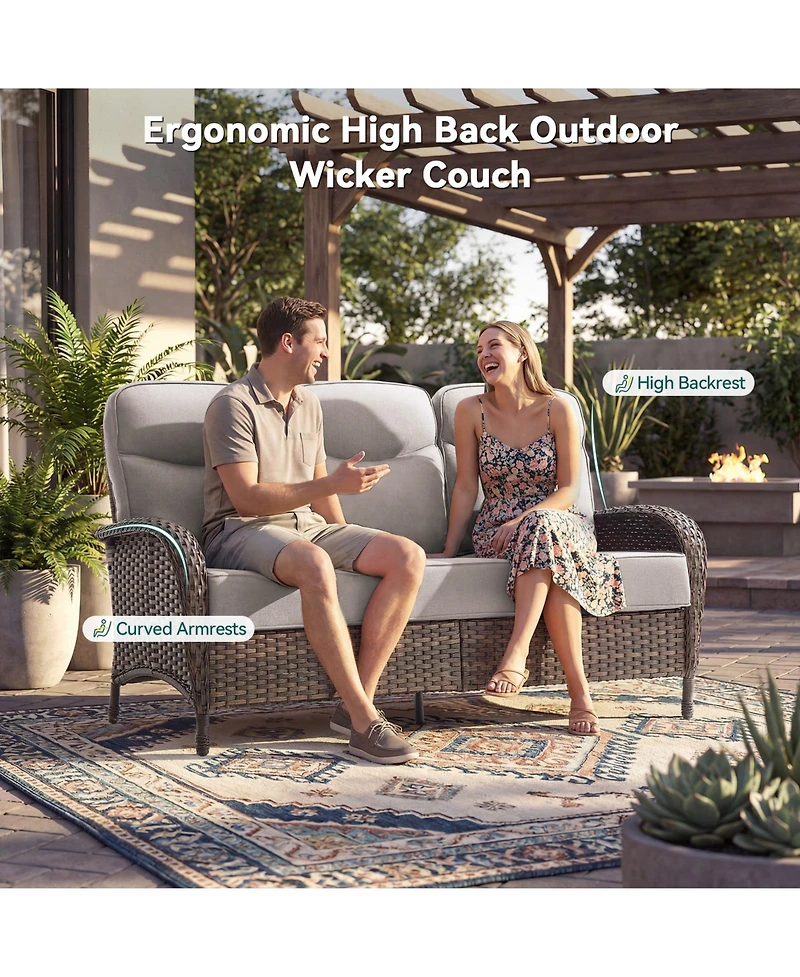 Pocassy 7 Pieces Patio Furniture Set with Fire Pit High Back Outdoor 6-inch Cushions Wicker Swivel Rocker Chairs for Lawn,Deck
