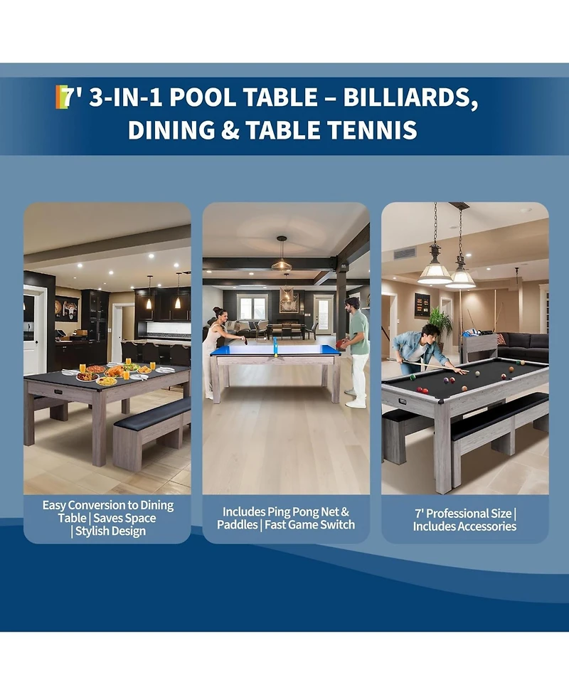 Xo 7FT 3-in-1 Pool Table Dining Combo, Convertible Billiard Table with Ping Pong Top and Accessories, Space-Saving Game Table