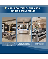 Xo 7FT 3-in-1 Pool Table Dining Combo, Convertible Billiard Table with Ping Pong Top and Accessories, Space-Saving Game Table