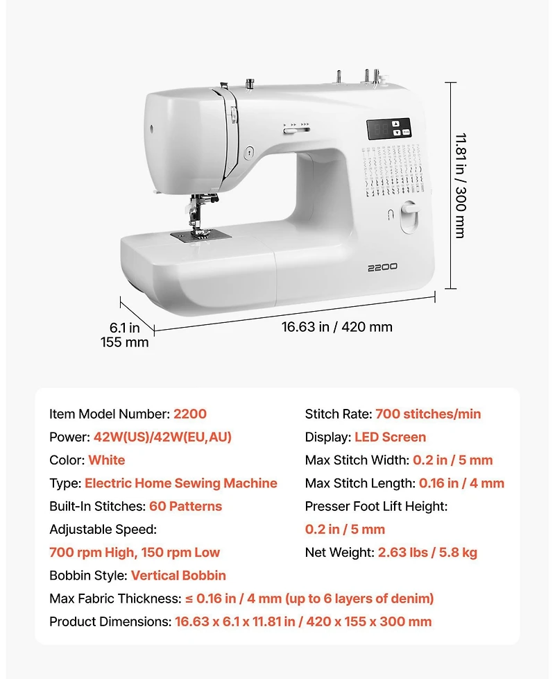 Sugift Computerized Sewing Machine with 60 Built-In Stitches, Led Display and Heavy-Duty Metal Frame