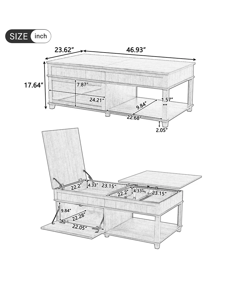 Rainsken Lift-Top Coffee Table, with Hidden Compartment, Open Shelf, and Adjustable Desktop, for Living Room Office