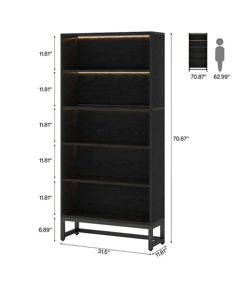 Slickblue Modern 5-Tier Bookshelf with Led Lighting for Living Room or Study