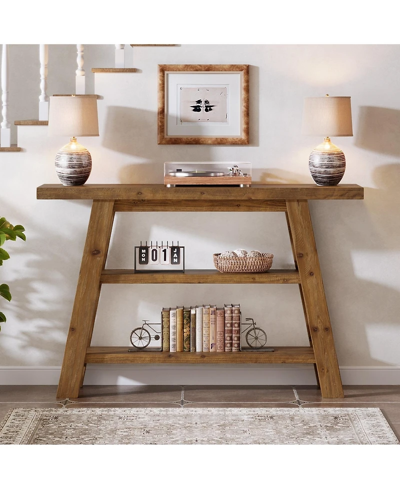 Slickblue Farmhouse Solid Wood Console Table with 3-Tier Storage Shelves