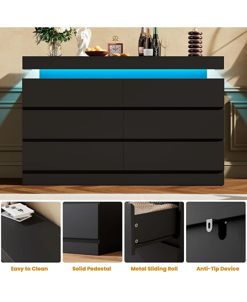 homfan 47" 6-Drawer Dresser with Led Light and Charging Station, Storage Chest for Bedroom Living Room
