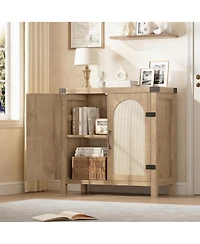 homfan Set of 2 Rattan Sideboard Buffet Cabinet with Storage - 31 Inch Farmhouse Wooden Coffee Bar Console with Adjustable Shelves and Doors
