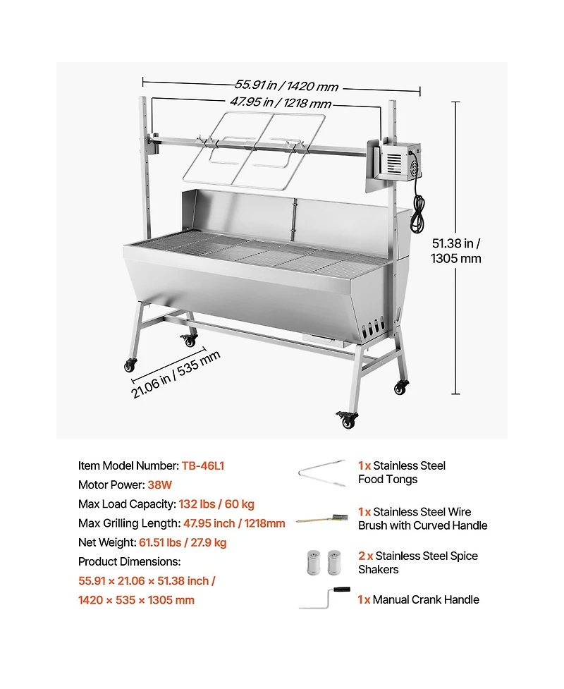Cozito Rotisserie Grill, 38W Charcoal Spit Roaster with Wheels and 4-Level Height