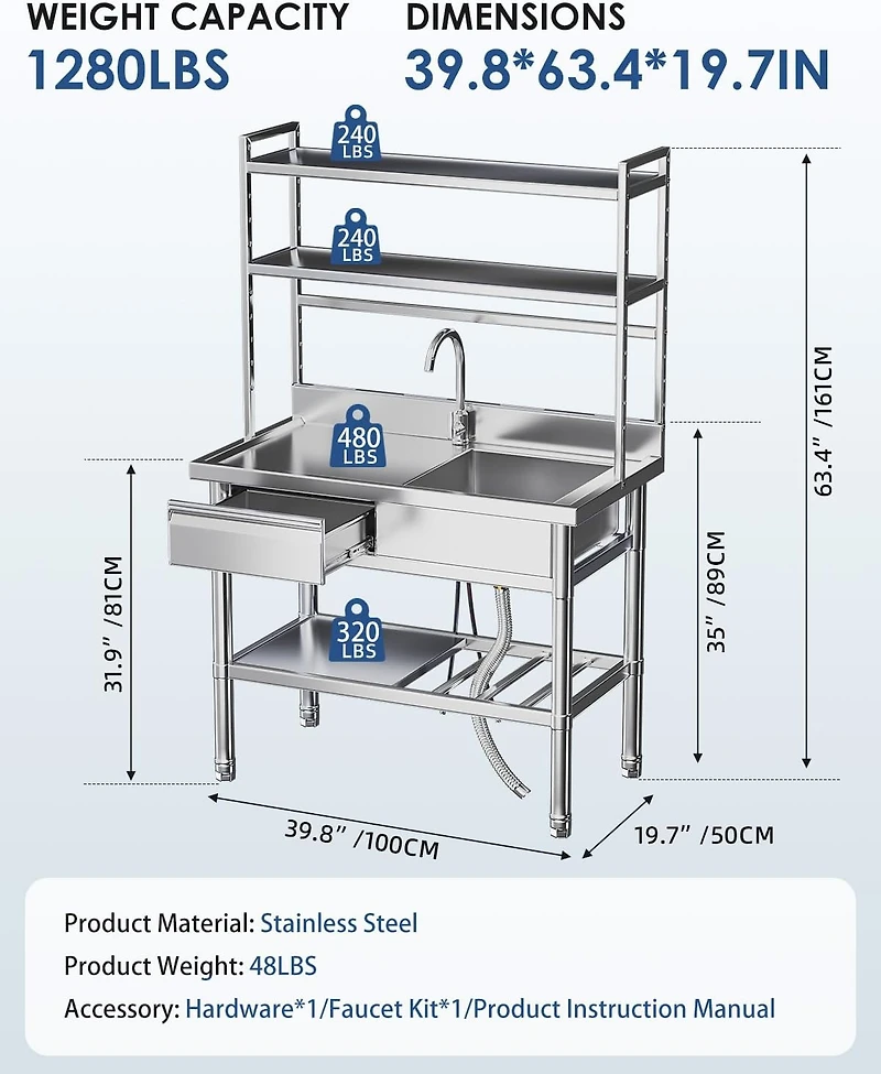 Aecojoy Stainless Steel Utility Sink with Shelves, Free Standing Single Bowl Commercial Kitchen Sinks