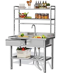 Aecojoy Stainless Steel Utility Sink with Shelves, Free Standing Single Bowl Commercial Kitchen Sinks