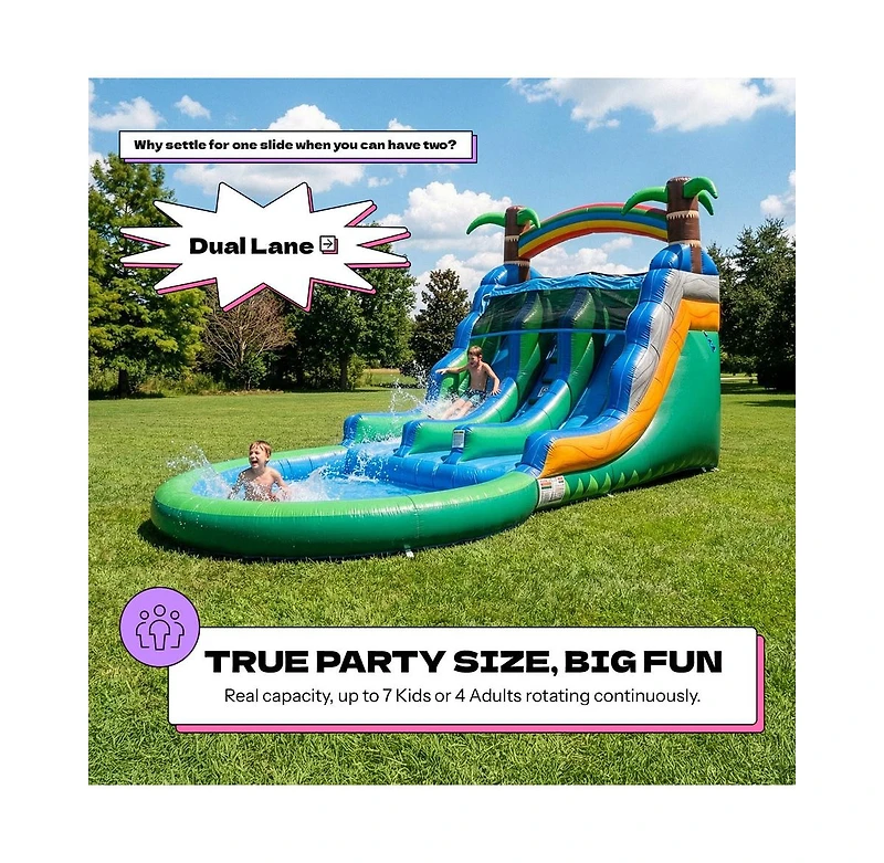 Pop Jump Tropical Island 23' Dual Lane Center Climb Waterslide With Attached Pool
