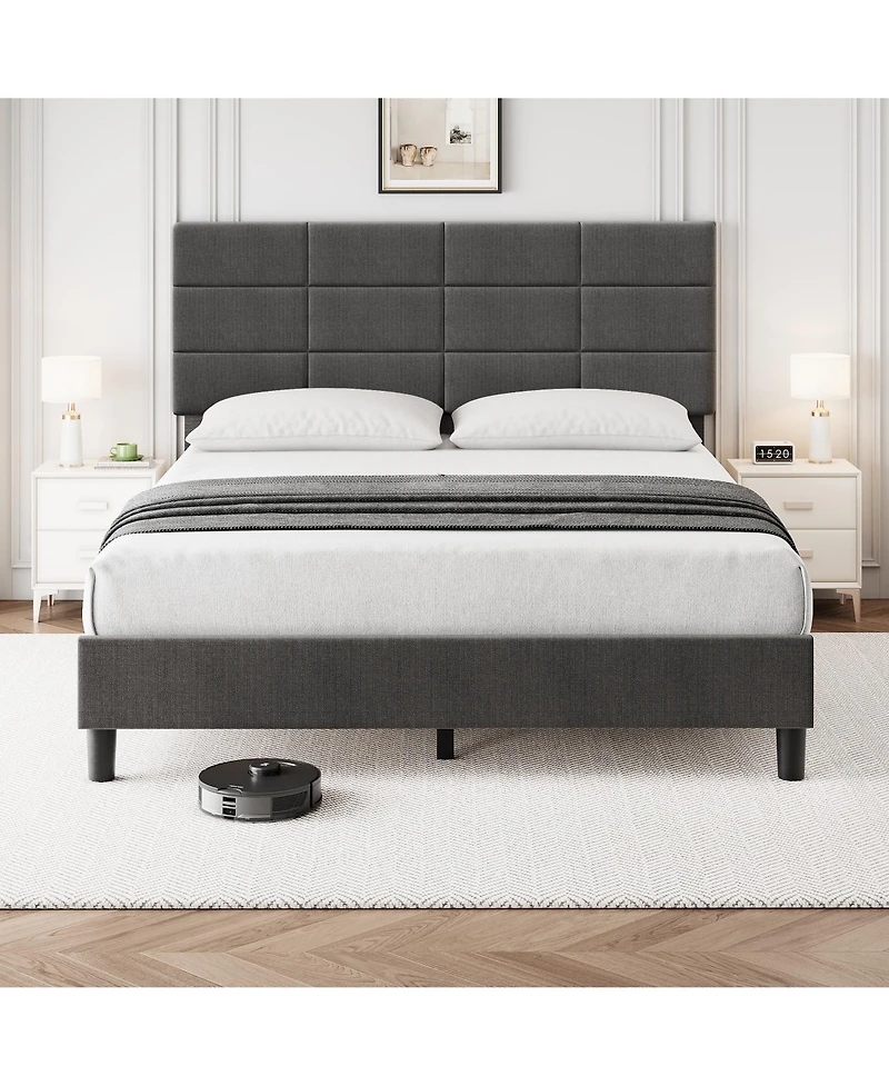 homfan Linen Upholstered Platform Bed Frame with Adjustable Headboard, Wood Slat Support, Quiet Design