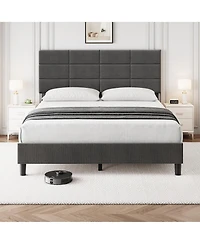 homfan Linen Upholstered Platform Bed Frame with Adjustable Headboard, Wood Slat Support, Quiet Design