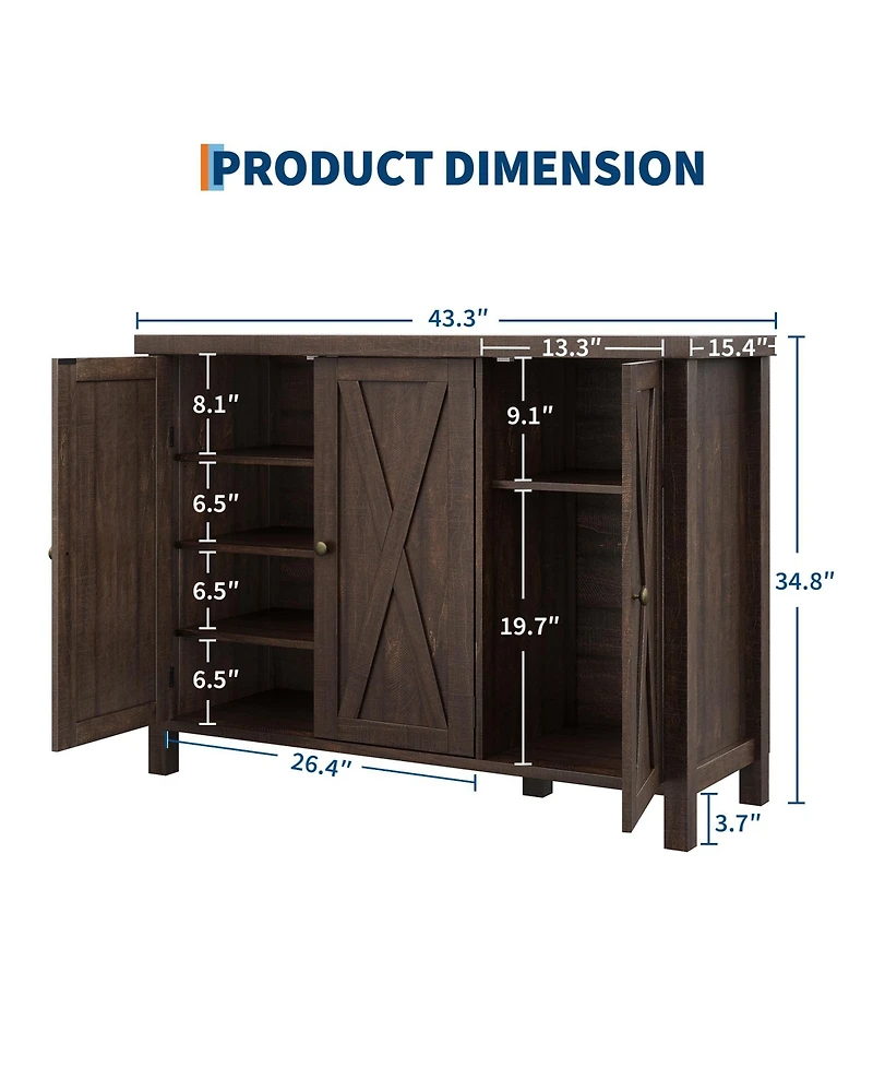 homfan Farmhouse Shoe Storage Cabinet with 3 Barn Doors, Freestanding Narrow Rack Organizer Adjustable Shelves, Ideal for Entryway