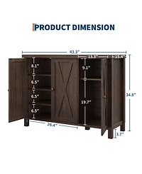 homfan Farmhouse Shoe Storage Cabinet with 3 Barn Doors, Freestanding Narrow Rack Organizer Adjustable Shelves, Ideal for Entryway