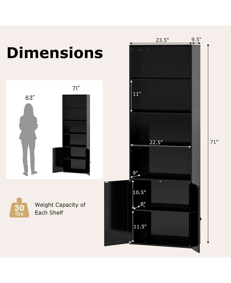Slickblue 71 Inch Freestanding Bookshelf with 6 Shelves and 2 Door Cabinet