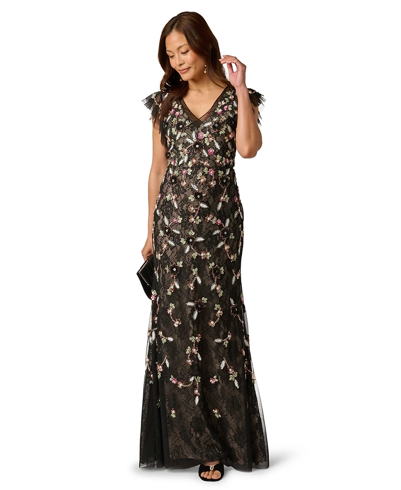Adrianna Papell Women's Beaded V-Neck Ball Gown
