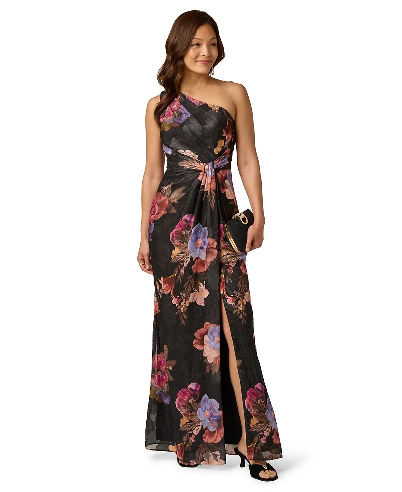 Adrianna Papell Women's Printed One-Shoulder Chiffon Ball Gown