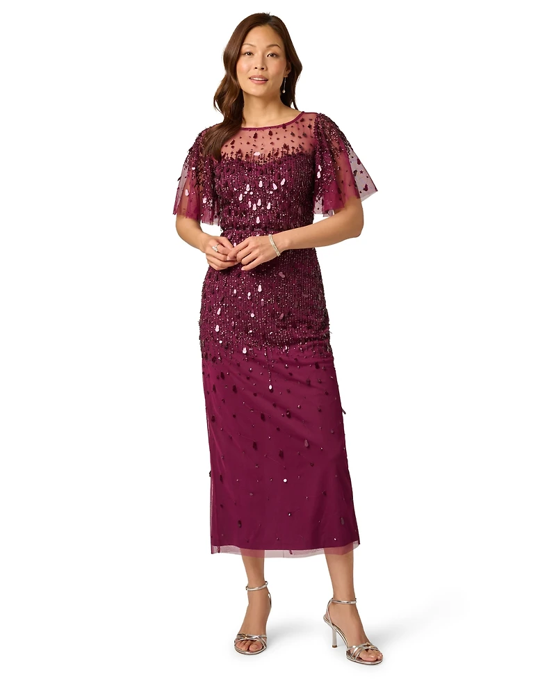 Adrianna Papell Women's Beaded Mesh Flutter-Sleeve Midi Dress