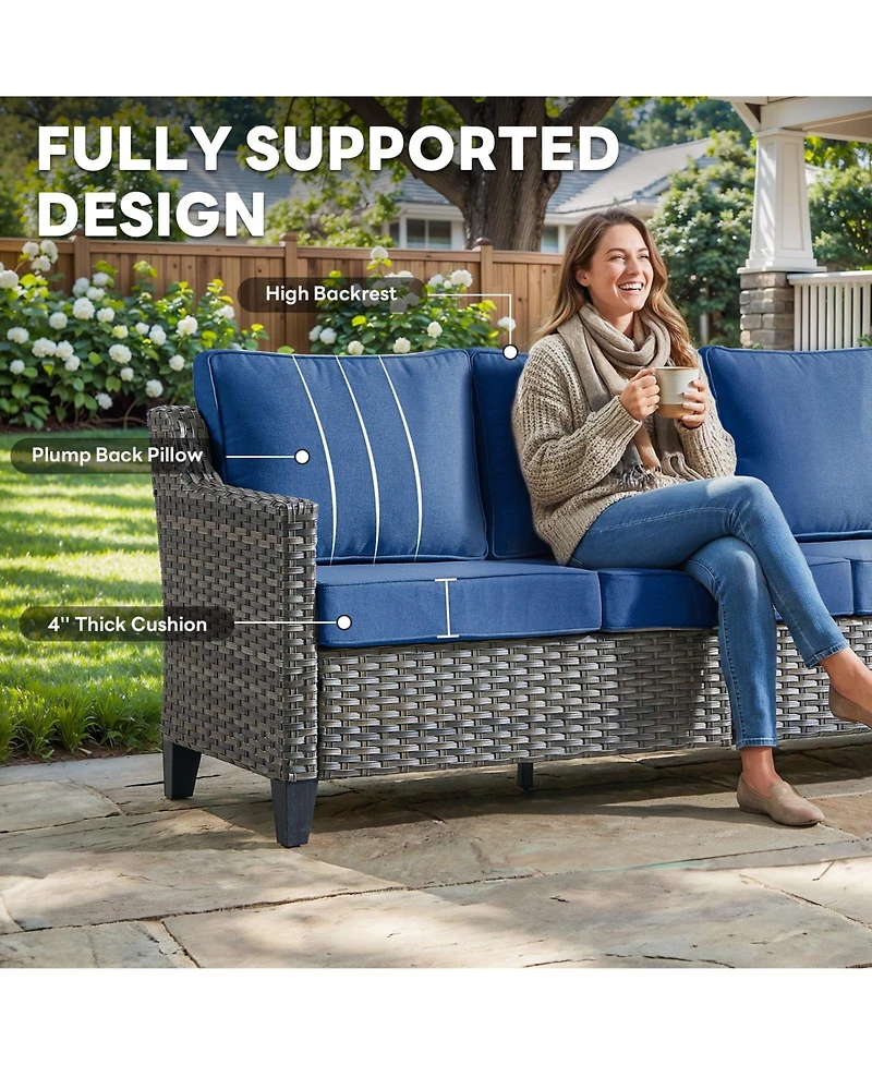 Pocassy Outdoor Couch Patio Furniture - Wicker Sofa 3-Seat Rattan Couch Gray Rattan Sofa with Wide Armest and Olefin Cushions