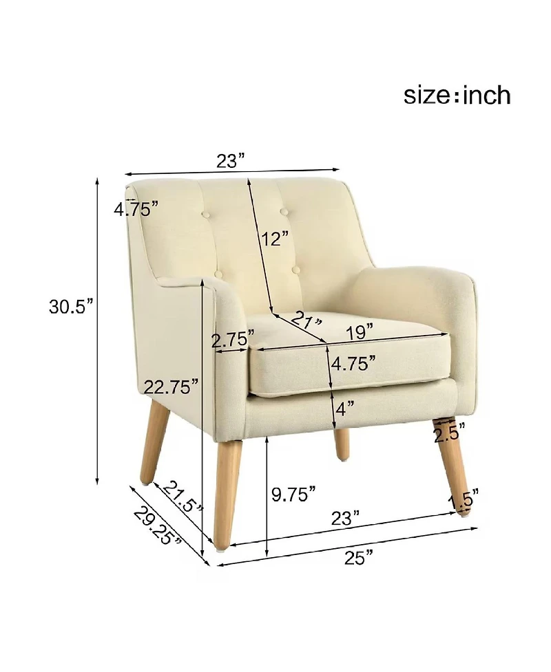 Streamdale Furniture Mid Century Modern Tufted Fabric Accent Chair with Solid Wood Legs