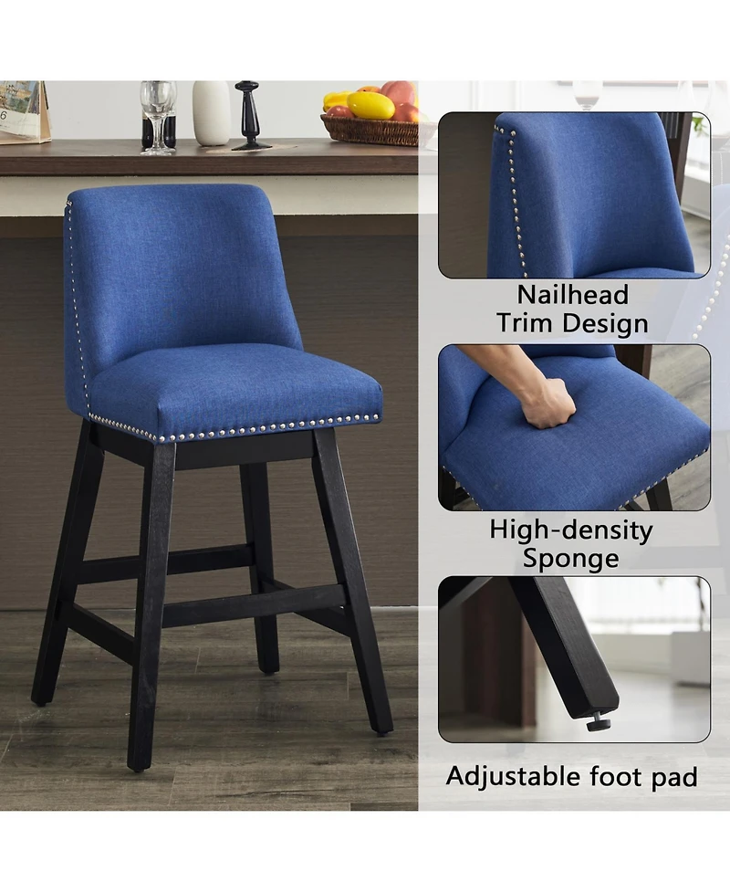 Rainsken Swivel Bar Stools Set of 2, linen fabric, Wood Fram, with Ergonomic Design, for Kitchen Island, Home Bar, Dining Room