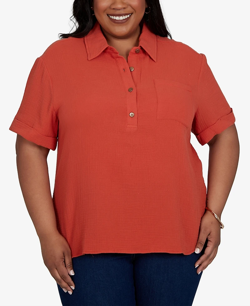Hearts Of Palm Plus Solid Henley Popover Top