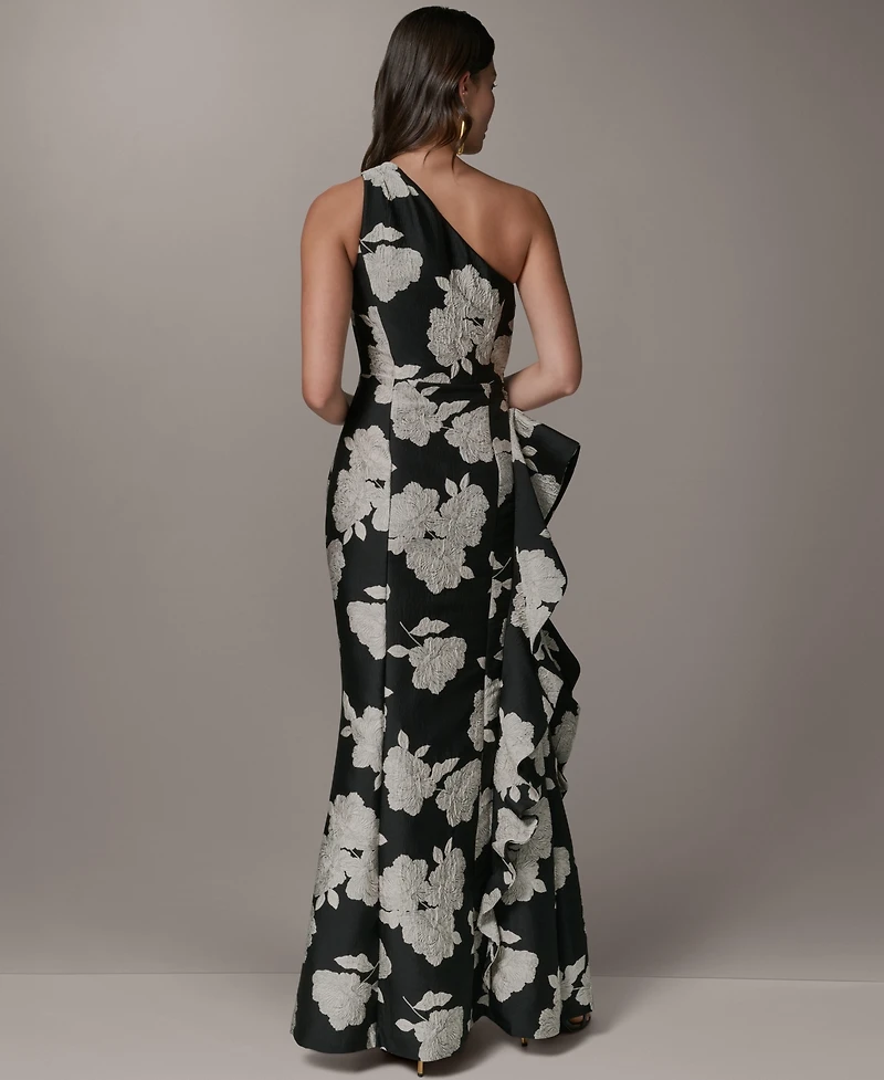 Donna Karan New York Women's Floral One-Shoulder Ruffle Evening Gown