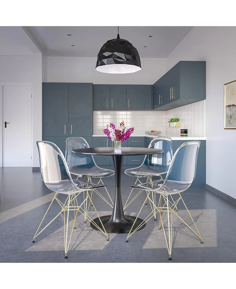 LeisureMod Cr2o Dining Chair Set of 2 Molded Acrylic with Gold Metal Eiffel Base and Curved Back Design Lightweight Accent Side Easy Assembly