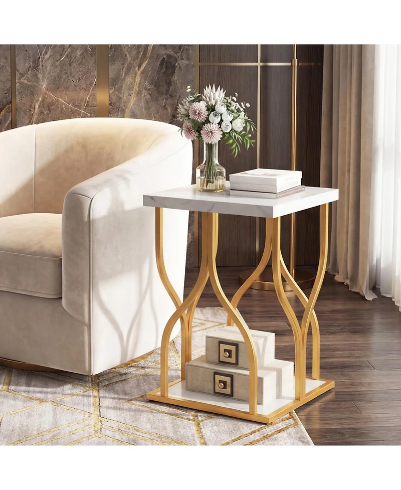 Slickblue Faux Marble Nightstand With Stylish Petal Metal Base