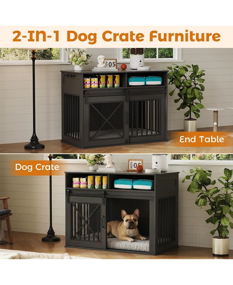 gaomon 44.5'' Dog Crate Furniture with Storage Drawers, Wooden Double Cage Tv Stand 2 Sliding Barn Doors