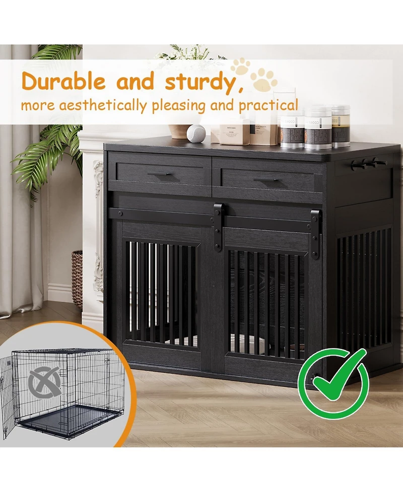gaomon 44.5'' Dog Crate Furniture with Storage Drawers, Wooden Double Cage Tv Stand 2 Sliding Barn Doors, for Medium/Large Breeds