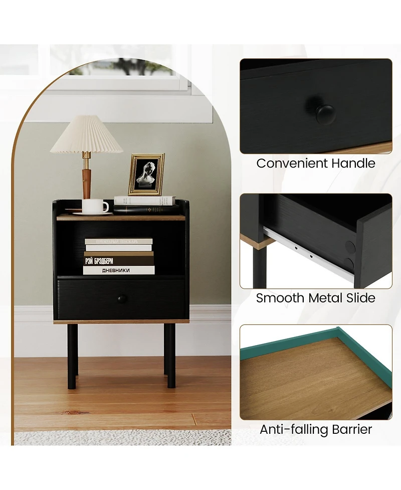 Slickblue Set Of 2 Nightstands With Drawer And 3-Tier Open Shelf