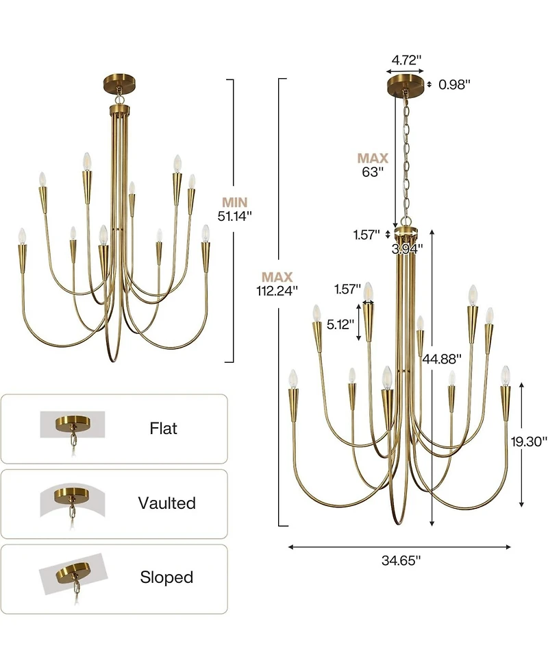 Tribesigns 10-Light Modern Chandelier, U-Shaped Arms Chandelier Light Fixture for Living Room Bedroom Dining Room Entryway Hallway