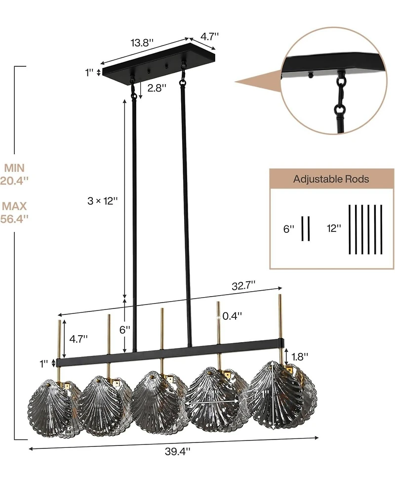 Tribesigns Island Light for Kitchen, 5-Light Dining Room Chandeliers With Smoky Gray Glass Shades For Dining Room Or Kitchen Island