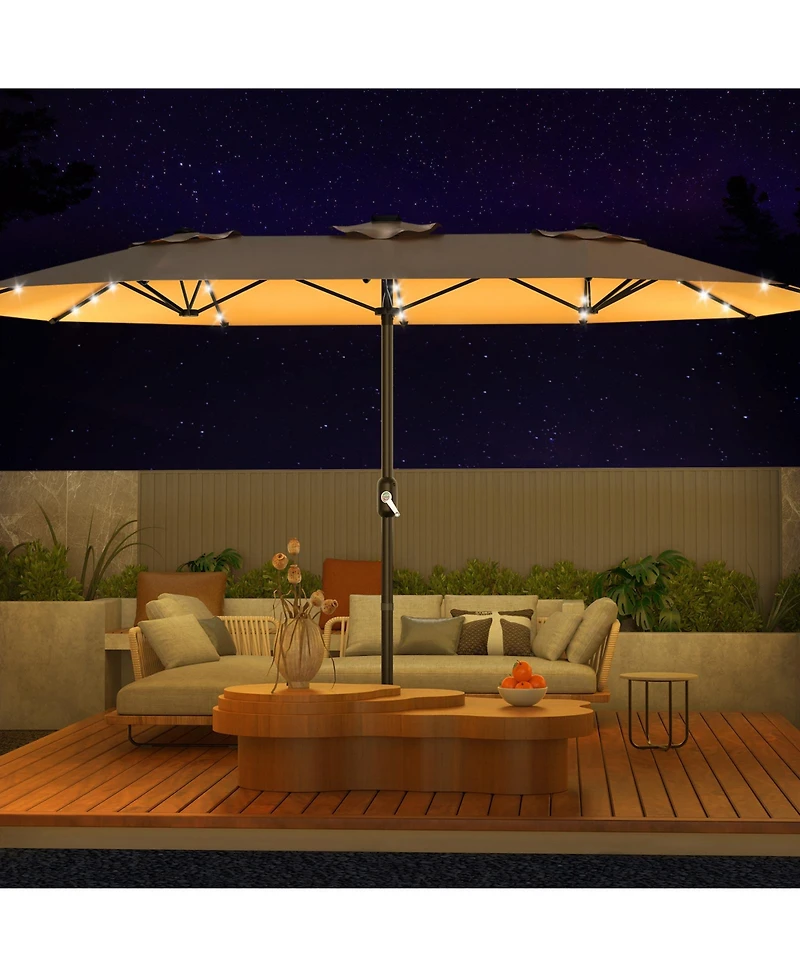 gaomon Outdoor 15Feet Double-Sided Rectangular Patio Umbrella with Base and 36 Solar Led Lights for Pool
