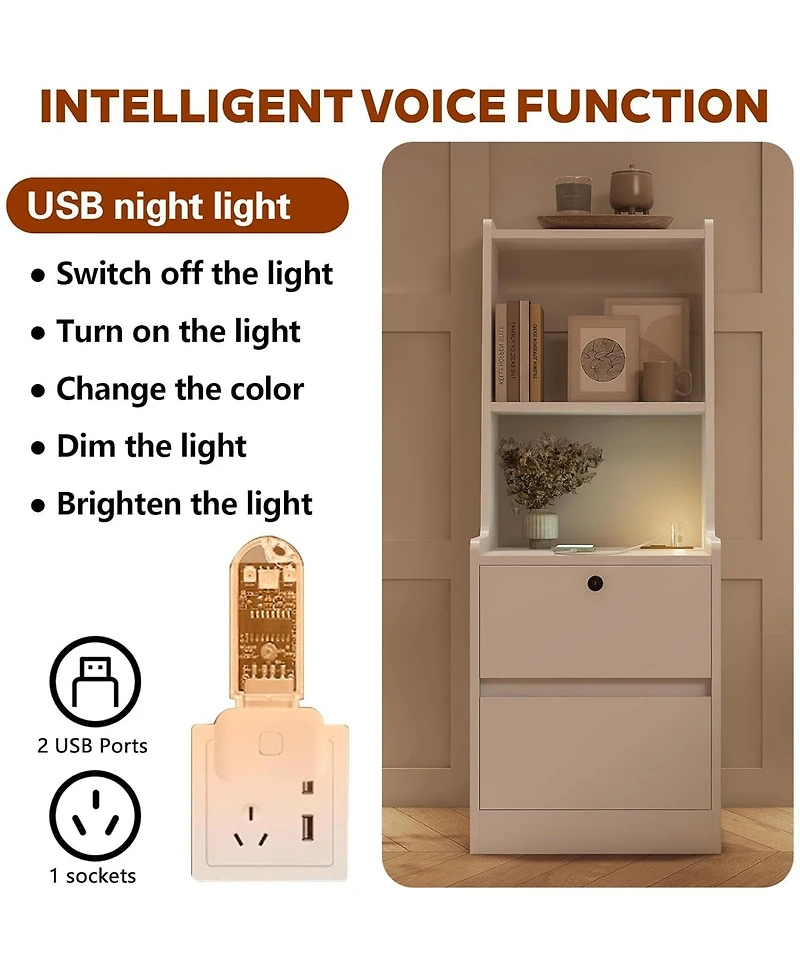 Rainsken Nightstand with Charging Station and Night Light