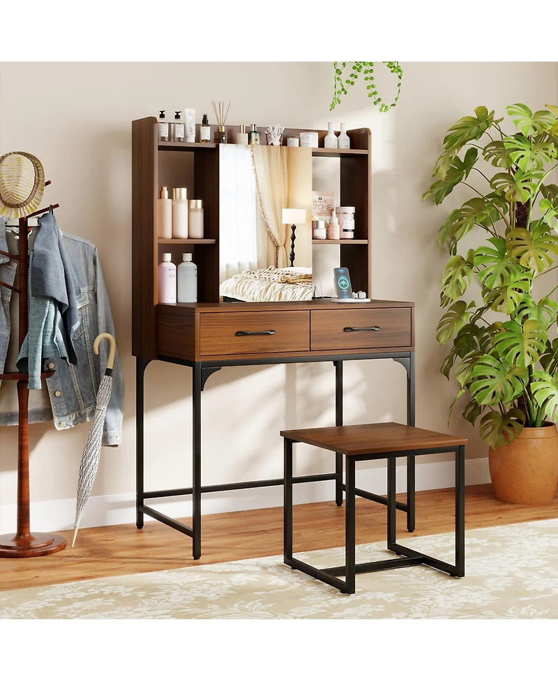 Slickblue Makeup Vanity Desk with Drawers, Built-In Charging Station, and Step Stool