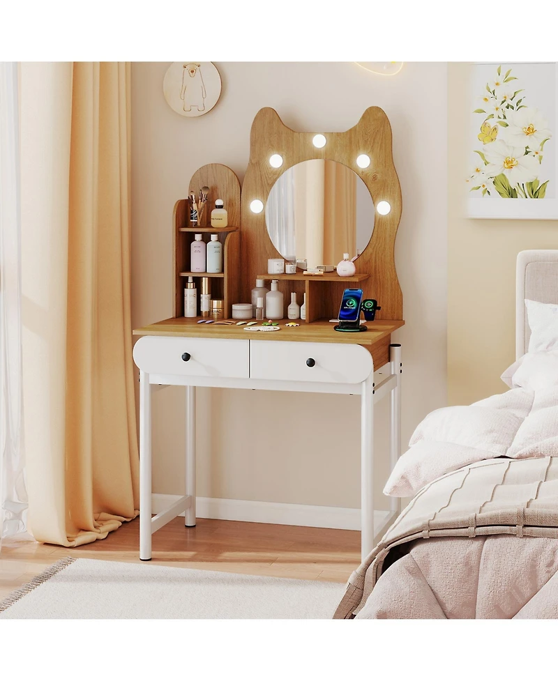 Slickblue Cute Kitty Vanity Desk with Mirror, Lights, and Built-In Power Outlets
