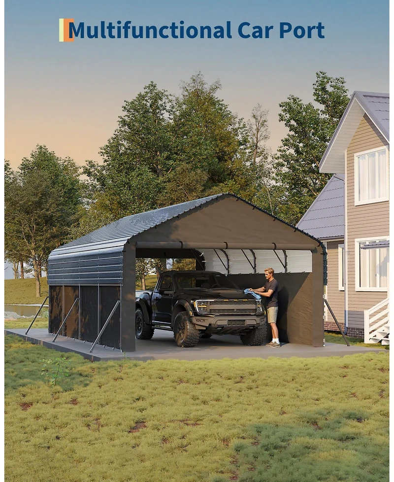 homfan Heavy Duty Carport, Galvanized Steel Car Port for All-Weather, Outdoor Vehicle Storage Shelter with 4 Windows and 3 Doors
