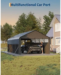 homfan Heavy Duty Carport, Galvanized Steel Car Port for All-Weather, Outdoor Vehicle Storage Shelter with 4 Windows and 3 Doors